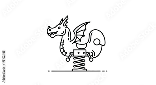 Playful Dragon Spring Rider Toy - Black and White Line Art Icon