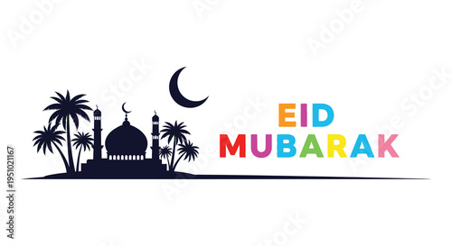 A colorful eid mubarak greeting featuring a detailed mosque and palm tree silhouette high quality professional