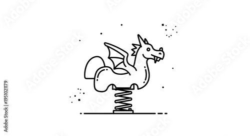 Playful Dragon Spring Rider Toy - Black and White Line Art Illustration
