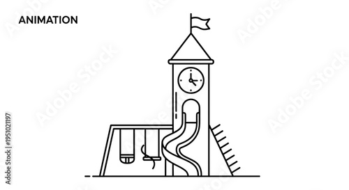 Playground Animation: Swings, Slide, and Clock Tower in Minimalist Line Art Style