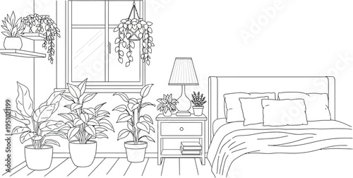 Cozy bedroom interior line art featuring numerous houseplants near a window beside a comfortable bed.