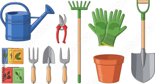 Essential Gardening Tools and Supplies Vector Illustration on a Clean White Background