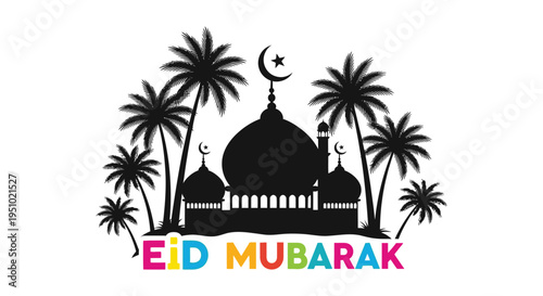 A striking eid mubarak graphic featuring a mosque and palm trees in black silhouette high quality