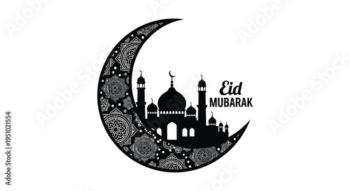 An ornate crescent moon frames a mosque scene with Eid Mubarak text a striking silhouette