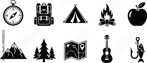 Camping outdoor adventure icons collection, hiking gear vector illustration, nature exploration symbols, survival equipment set, travel recreation design, flat vector illustration