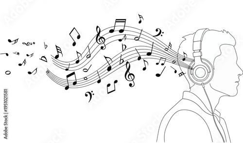 Abstract line art illustration depicting a person enjoying music through modern headphones, with flowing musical notes symbolizing sound and auditory experience.