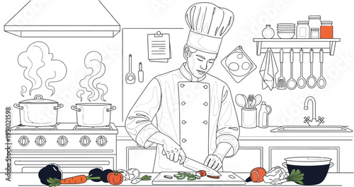 Professional chef preparing fresh ingredients by chopping vegetables on a cutting board in a bustling kitchen.