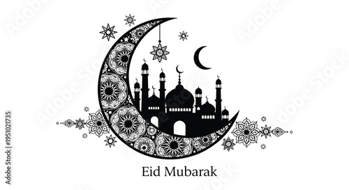 An ornate crescent moon and mosque skyline design celebrating eid mubarak a striking silhouette high quality