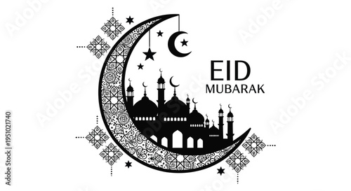 An eid mubarak greeting featuring a crescent moon and mosque design in black silhouette high quality