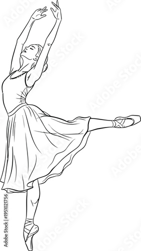 Elegant ballerina sketch gracefully performing a classical arabesque pose en pointe with raised arms.