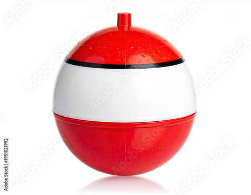 A red and white round fishing bobber on white