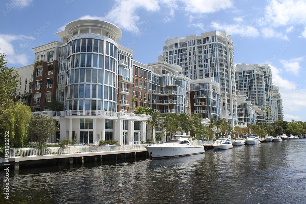 Obraz premium Modern waterfront condominium complex with yachts docked along calm river under bright blue sky, surrounded by lush greenery and palm trees creating serene atmosphere