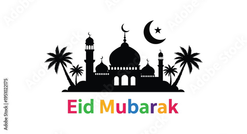 A detailed black silhouette of an islamic mosque complex with palm trees and a crescent moon silhouette