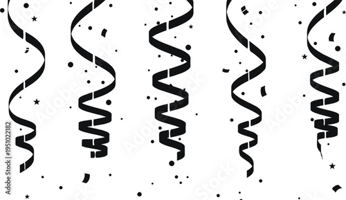 Collection of falling party streamers and confetti stars cad drawing flat vector illustration isolated on white background for birthday celebration event