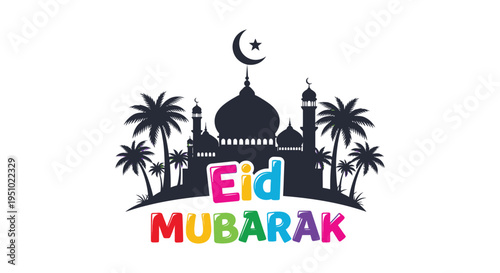 A colorful eid mubarak greeting featuring a mosque and palm trees presented as a silhouette