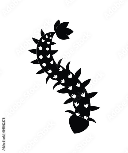 Abstract Black Caterpillar Silhouette With Spiky Thorny Details On Clean White Background.