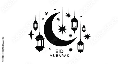 A festive eid mubarak design featuring a crescent moon and hanging lanterns a dark silhouette