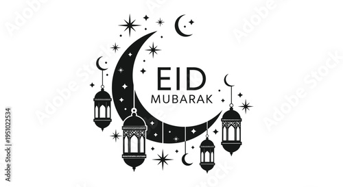 Festive eid mubarak design featuring crescent moons stars and lanterns a striking silhouette high quality professional