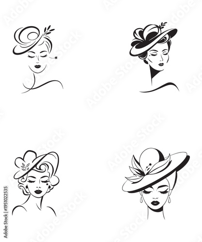 Elegant Vintage Women Faces with Stylish Hats Minimal Line Art Illustration.
