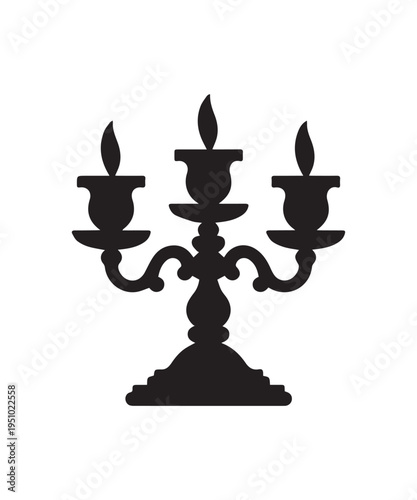 Vintage Candelabra Silhouette With Three Burning Candles Isolated On Plain White Background.