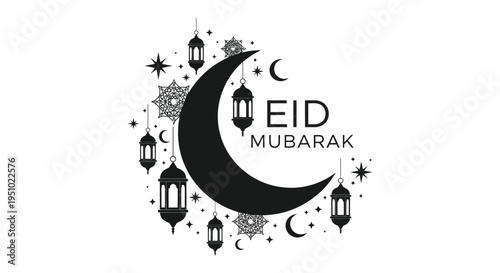 Festive eid mubarak design with crescent moon stars and lanterns in a dark silhouette high quality