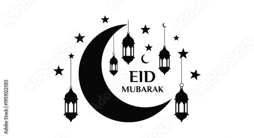 A crescent moon and lanterns celebrate eid mubarak with a striking black silhouette high quality professional