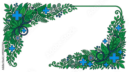 A decorative frame with green leaves, branches, blue medical crosses, and stethoscope elements, on a white background.