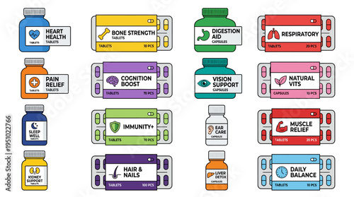 A collection of various health supplements and vitamins in bottles and blister packs, each labeled for specific benefits like heart health, pain relief, immunity, and daily balance.