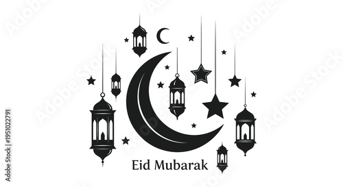 Elegant crescent moon and ornate lanterns celebrate the spirit of eid a striking silhouette high quality