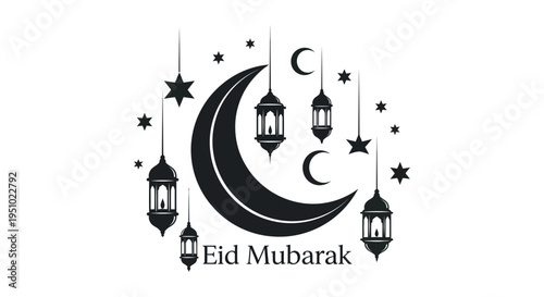 A festive eid mubarak design featuring a crescent moon lanterns and stars silhouette high quality