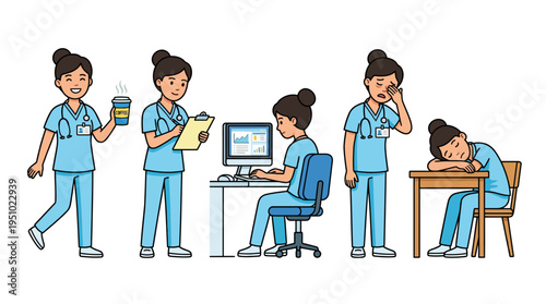 A sequence of illustrations depicting a female nurse's daily routine, from energetic morning to exhausted evening, highlighting her work and fatigue.