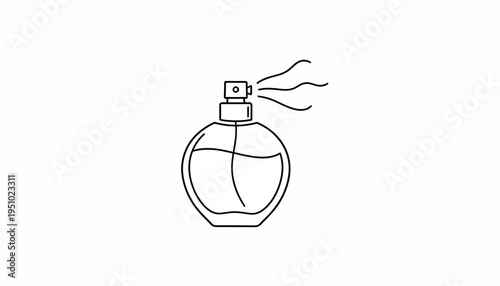 Perfume bottle spraying fragrance, minimalist line art icon, isolated on white background.