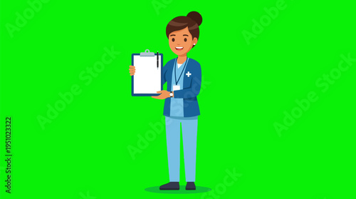 Cartoon female nurse or medical professional holding a blank clipboard on a green screen background.