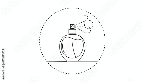 Perfume bottle spraying fragrance, minimalist line art, elegant cosmetic product