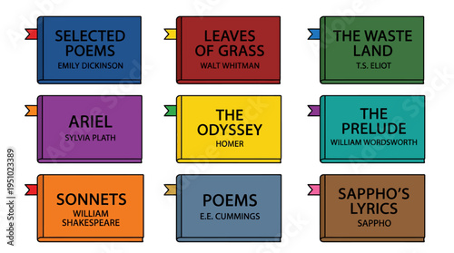 A collection of nine colorful stylized books featuring classic poetry and epic literature by famous authors.