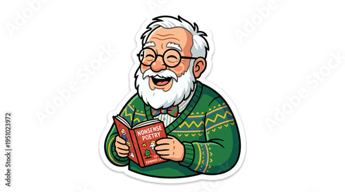 Cartoon illustration of a joyful old man with a white beard and glasses, wearing a green sweater, laughing while reading a book titled 'NONSENSE POETRY'.
