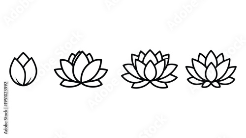 Lotus Flower Icon Set – Blooming Water Lily Line Art Illustration