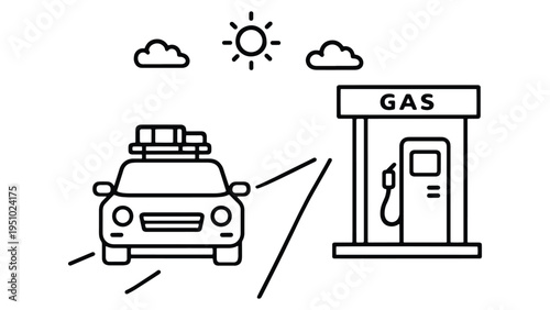 Car at Gas Station Icon – Fueling Vehicle Line Art Illustration