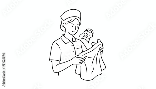 Nurse or caregiver with baby, holding a blanket, line art illustration