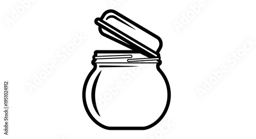 Open Glass Jar Icon with Lid Ajar, Simple Line Art, Isolated on White Background