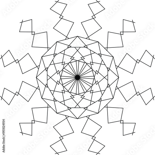A symmetrical geometric pattern resembling a radiant sunburst or snowflake with intricate angular designs and repeating diamond shapes extending outwards from a central circular core