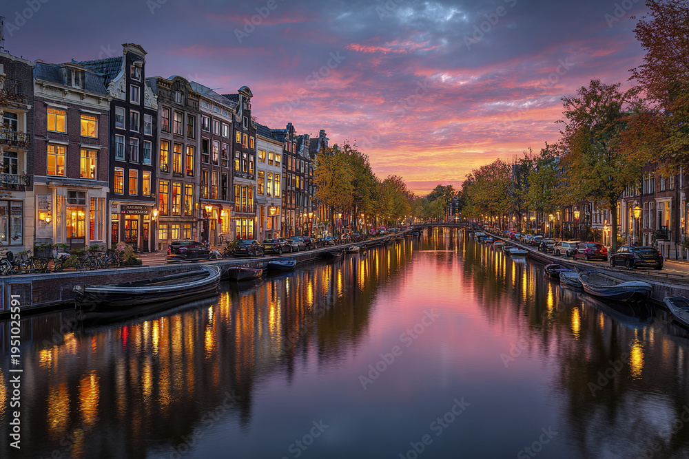 Fototapeta premium Amsterdam canal sunset reflection cityscape with historic buildings and boats along waterway, autumn trees lining streets, and vibrant colorful sky creating peaceful atmosphere