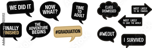 Set of graduation photo booth props with funny quotes and speech bubbles