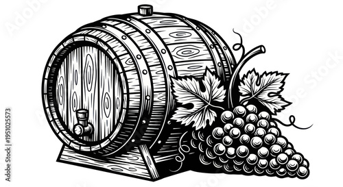 Vintage wooden wine barrel with grapes and leaves, illustration