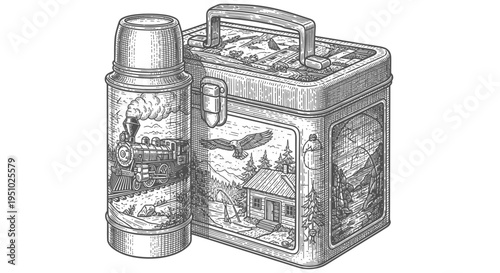 Vintage Lunchbox and Thermos with Scenic Engravings