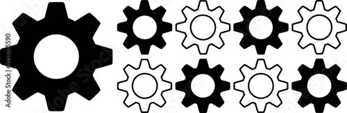 A set of interlocking gear icons in black and white