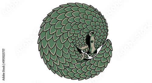 Cute Pangolin Curled Up in Ball, Cartoon Style, White Background