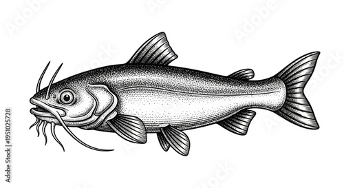 Detailed Illustration of a Catfish with Whiskers on White Background