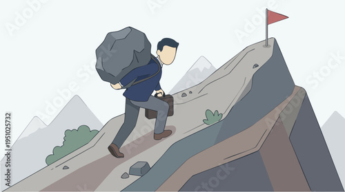 Businessman climbing mountain trail towards a peak with a flag, symbolizing achievement and success in challenging environments