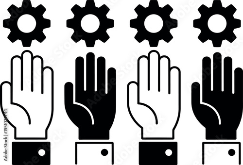 Diverse hands reaching for gear icons representing teamwork and mechanical coordination